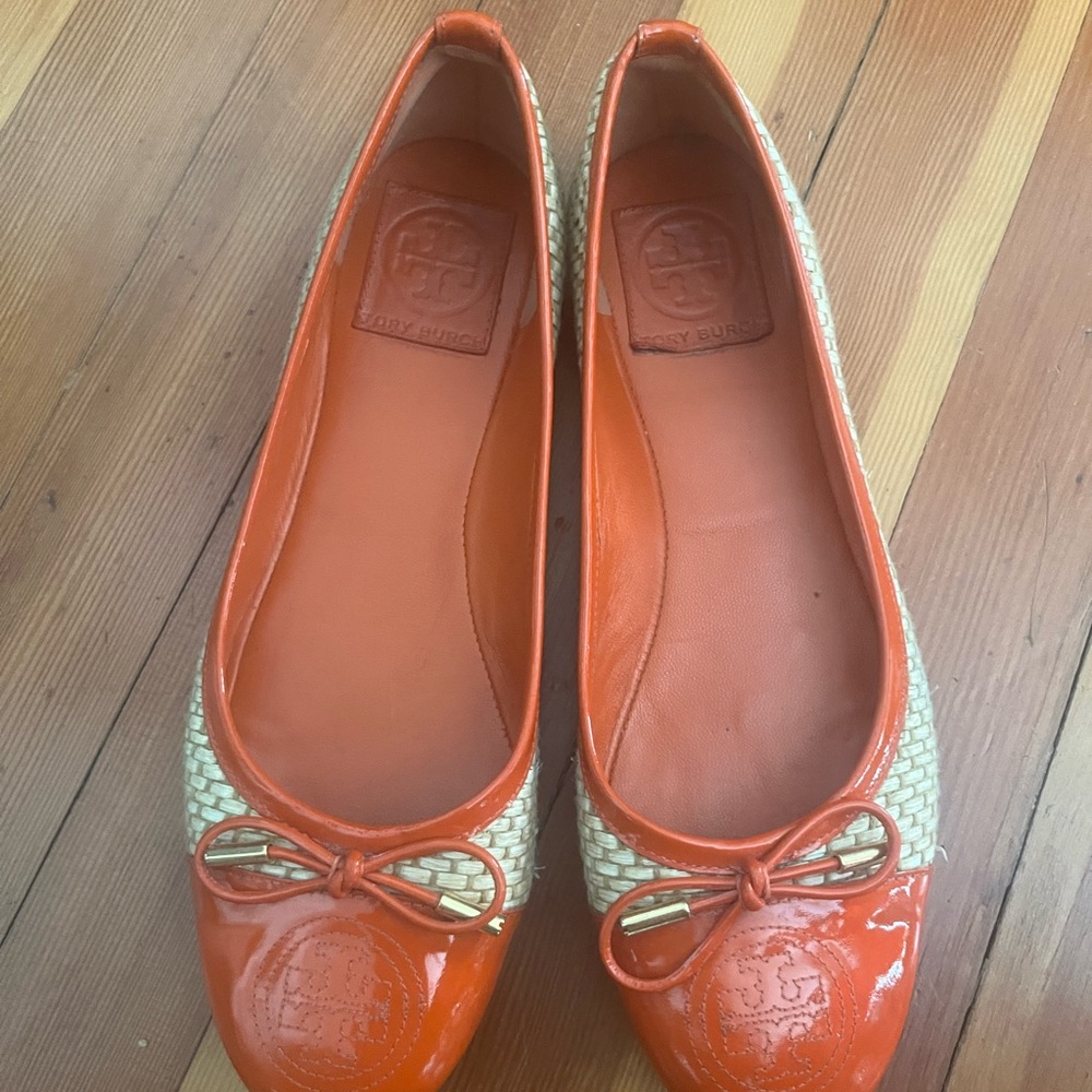 Tory Burch Orange Patent & Woven Trim Ballet Flats